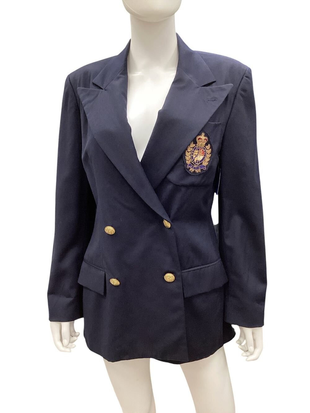 Ralph Lauren Blazer Women’s SZ8 Crest Double Breasted Gold Tone Buttons NavyBlue